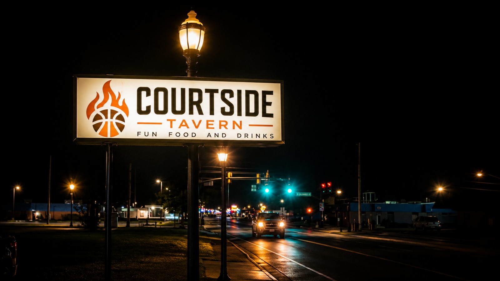 Courtside Tavern sign lit up at night in Jackson Center, Ohio